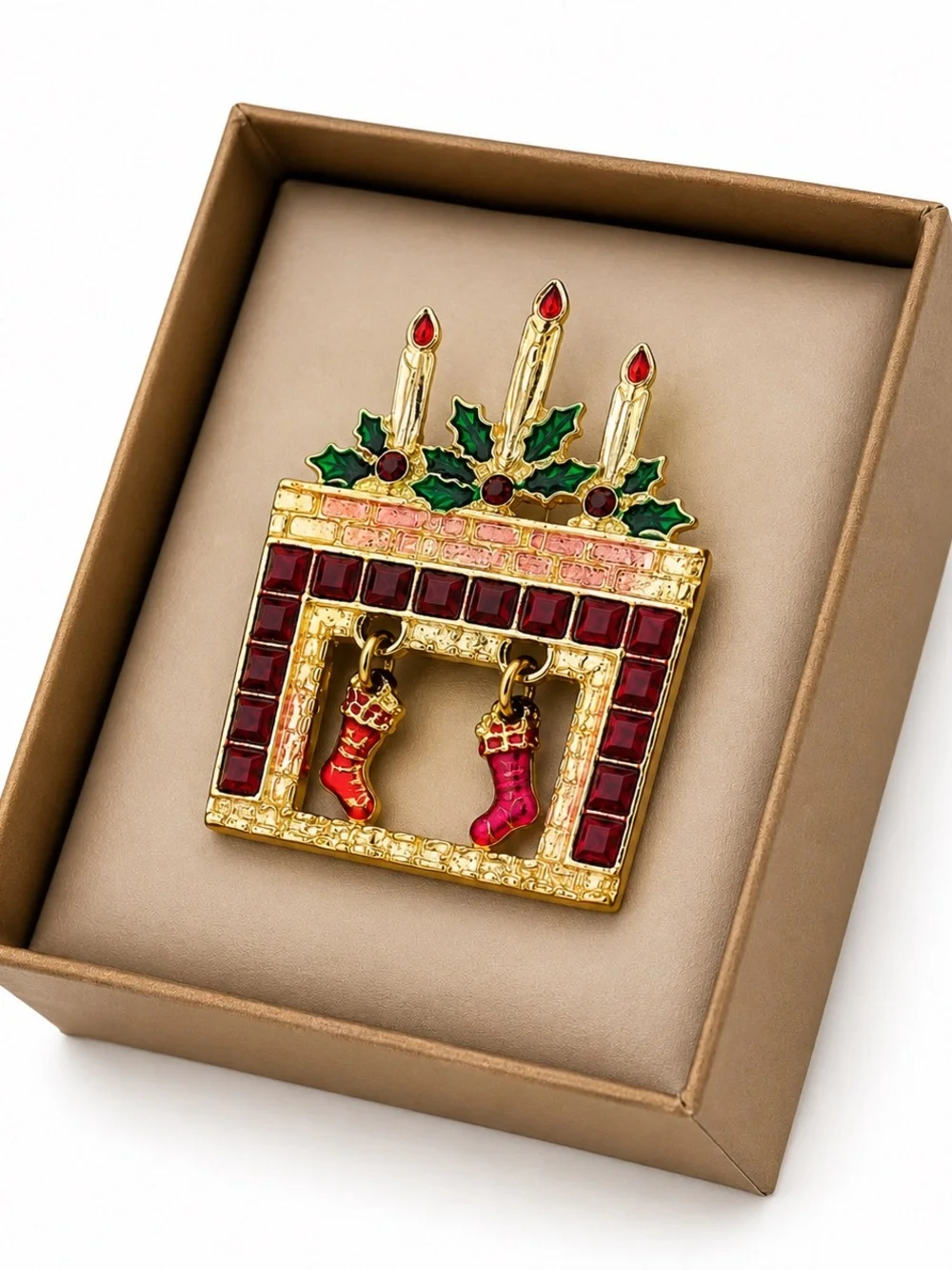 Vintage Christmas Fireplace Brooch Pin Stockings Candles Holiday Rhinestone Gift